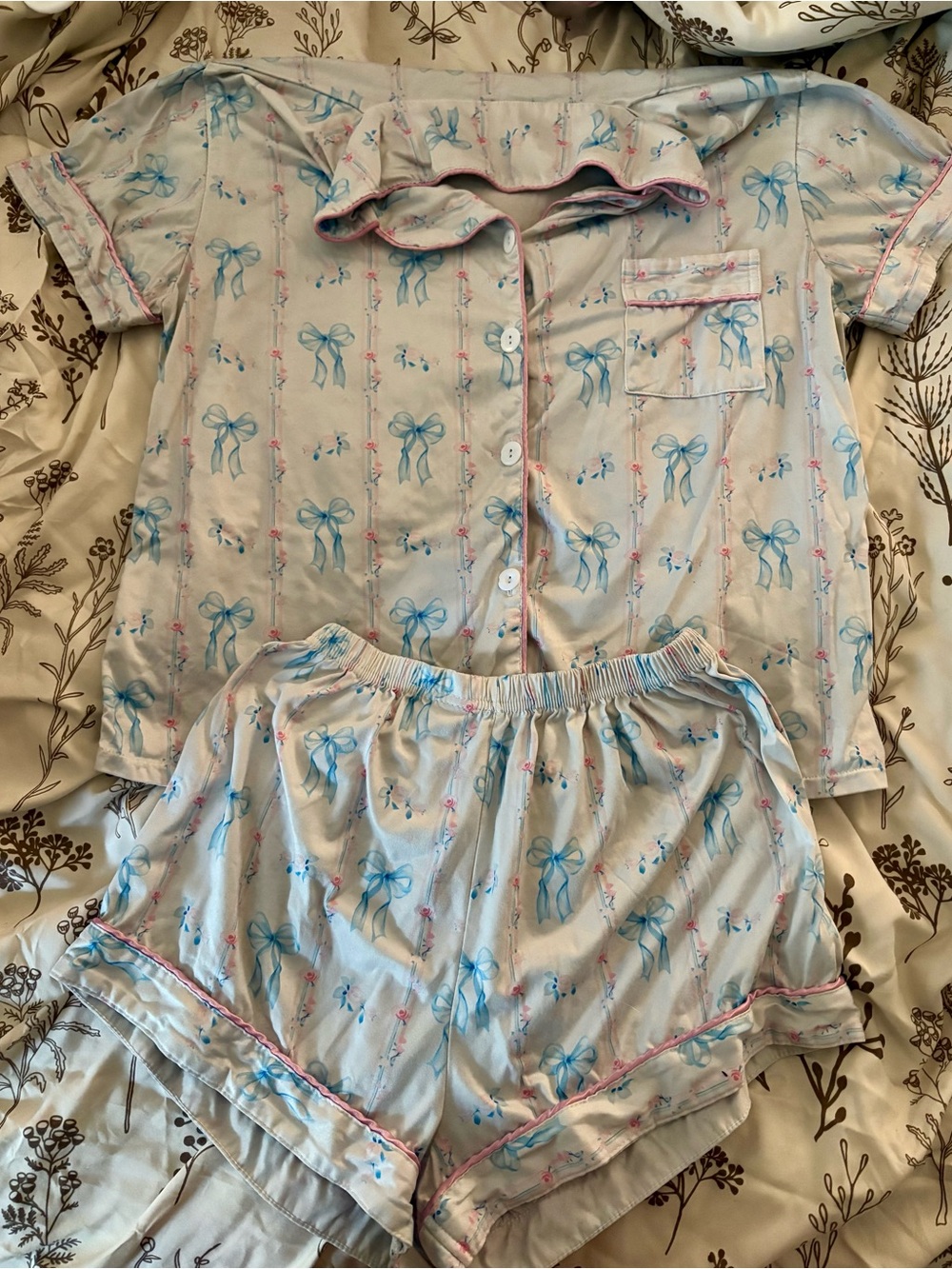 SHEIN Light Blue Bow-Print Short Pajama Set with Pink Trim